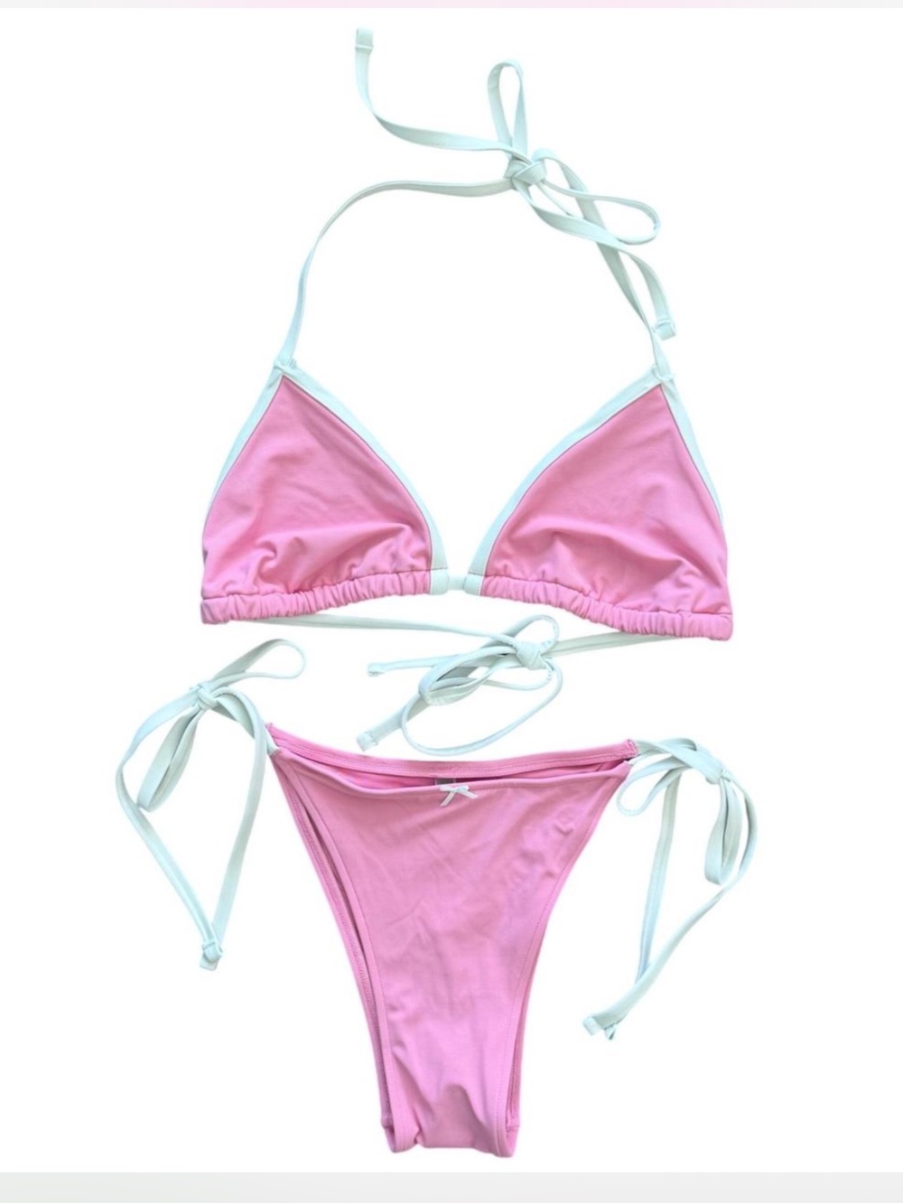Frankie's Bikinis Pink Triangle Bikini with White Trim NWT XL